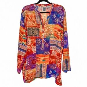 Vintage Chicos 100% Silk Sheer Embellished Patchwork Tunic Top XL (3) Boho Arts